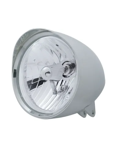 UP32518-Motorcycle Chrome "Chopper" Headlight With Smooth Visor Crystal H4 Bulb