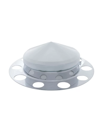 (BULK) CHROME FRONT 3PC. AXLE COVER W/ POINTED HUB CAP - ALUMINUM RING (BULK) CHROME FRONT 3PC. AXLE COVER W/ POINTED HUB CAP - ALUMINUM RING