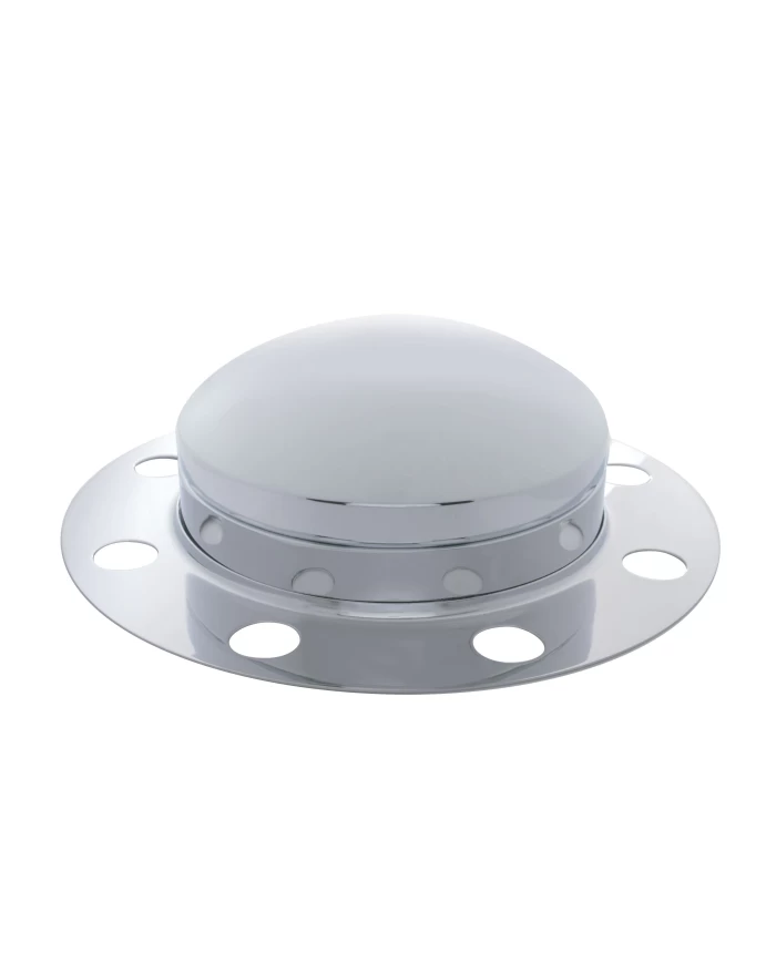 (BULK) CHROME FRONT 3PC. AXLE COVER W/ HUBDOMETER HUB CAP - 8 HOLES UNI-MONT RING (BULK) CHROME FRONT 3PC. AXLE COVER W/ HUBDOMETER HUB CAP - 8 HOLES UNI-MONT RING