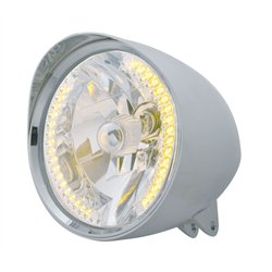 UP32519-Motorcycle Chrome "Chopper" Headlight With Smooth Visor H4 Bulb With 34 Amber LED