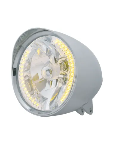 UP32519-Motorcycle Chrome "Chopper" Headlight With Smooth Visor H4 Bulb With 34 Amber LED