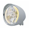 UP32519-Motorcycle Chrome "Chopper" Headlight With Smooth Visor H4 Bulb With 34 Amber LED