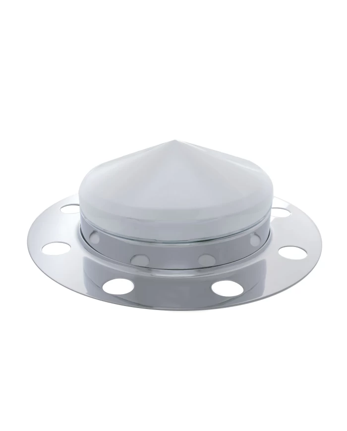 (BULK) CHROME FRONT 3PC. AXLE COVER W/ POINTED HUB CAP - 8 HOLES UNI-MOUNT (BULK) CHROME FRONT 3PC. AXLE COVER W/ POINTED HUB CAP - 8 HOLES UNI-MOUNT