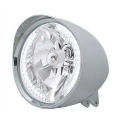 UP32520-Motorcycle Chrome "Chopper" Headlight With Smooth Visor H4 Bulb With 34 White LED