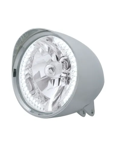 UP32520-Motorcycle Chrome "Chopper" Headlight With Smooth Visor H4 Bulb With 34 White LED