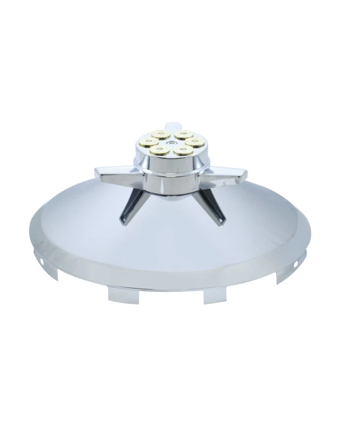 (BULK) CHROME UNIVERSAL FRONT HUB CAP WITH GUN CYLINDER STYLE SPINNER - 7/16" LIP