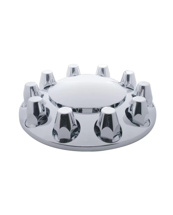 (CARD) CHROME PLASTIC FRONT AXLE COVER W/ REMOVABLE HUB CAP - 33mm THREAD-ON NUT COVER