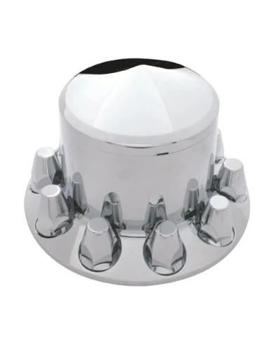 (BOX) CHROME PLASTIC POINTED REAR AXLE COVER W/ REMOVABLE HUB CAP - 33mm THREAD-ON NUT COVER (BOX) CHROME PLASTIC POINTED REAR AXLE COVER W/ REMOVABLE HUB CAP - 33mm THREAD-ON NUT COVER