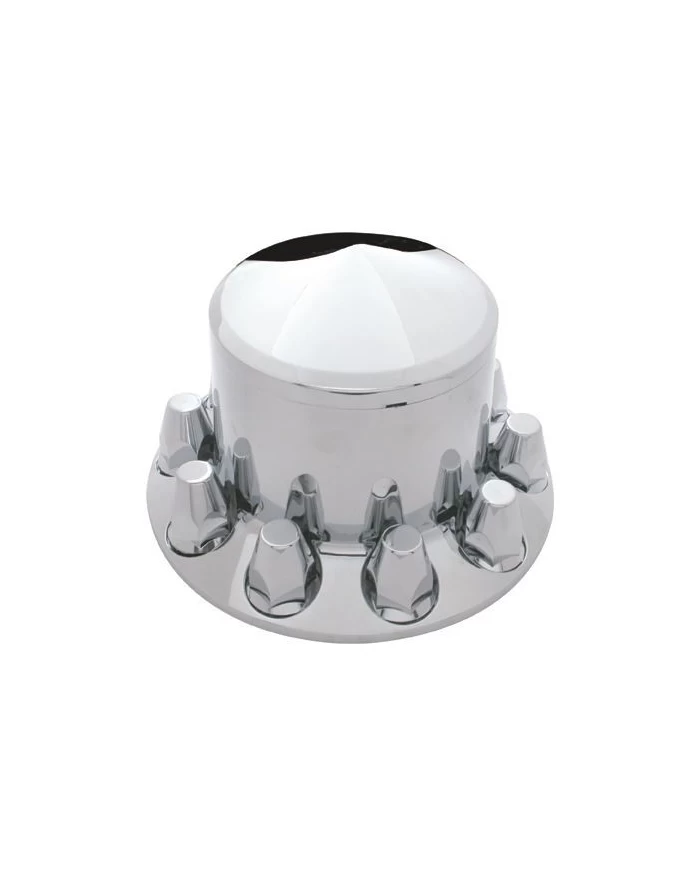 (BOX) CHROME PLASTIC POINTED REAR AXLE COVER W/ REMOVABLE HUB CAP - 33mm THREAD-ON NUT COVER (BOX) CHROME PLASTIC POINTED REAR AXLE COVER W/ REMOVABLE HUB CAP - 33mm THREAD-ON NUT COVER
