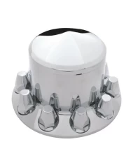 (BOX) CHROME PLASTIC POINTED REAR AXLE COVER W/ REMOVABLE HUB CAP - 33mm THREAD-ON NUT COVER (BOX) CHROME PLASTIC POINTED REAR AXLE COVER W/ REMOVABLE HUB CAP - 33mm THREAD-ON NUT COVER