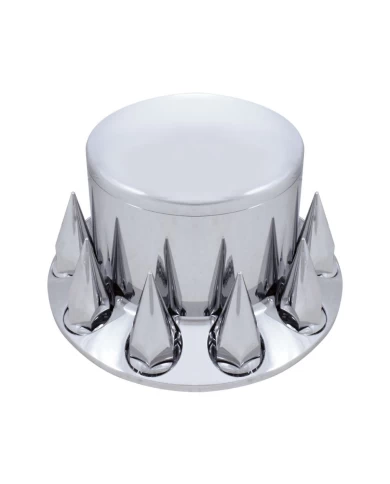 (BOX) CHROME PLASTIC REAR AXLE COVER W/ REMOVABLE HUB CAP - 33mm THREAD-ON SPIKE NUT COVER (BOX) CHROME PLASTIC REAR AXLE COVER W/ REMOVABLE HUB CAP - 33mm THREAD-ON SPIKE NUT COVER