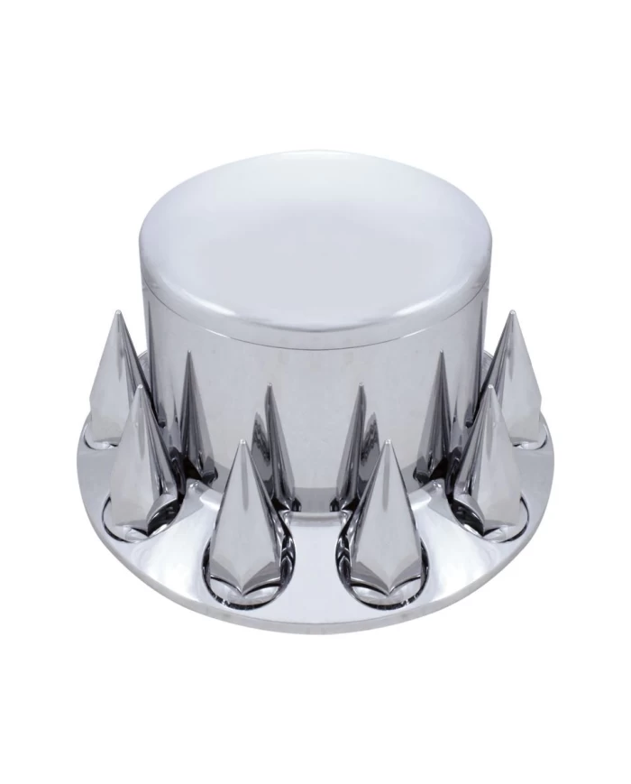 (BOX) CHROME PLASTIC REAR AXLE COVER W/ REMOVABLE HUB CAP - 33mm THREAD-ON SPIKE NUT COVER (BOX) CHROME PLASTIC REAR AXLE COVER W/ REMOVABLE HUB CAP - 33mm THREAD-ON SPIKE NUT COVER