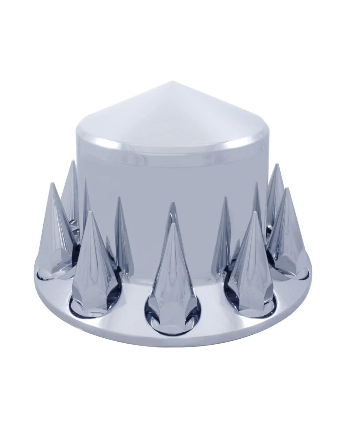 (CBOX) CHROME PLASTIC POINTED REAR AXLE COVER W/ REMOVABLE HUB CAP - 33mm THREAD-ON SPIKE NUT COVER (CBOX) CHROME PLASTIC POINTED REAR AXLE COVER W/ REMOVABLE HUB CAP - 33mm THREAD-ON SPIKE NUT COVER