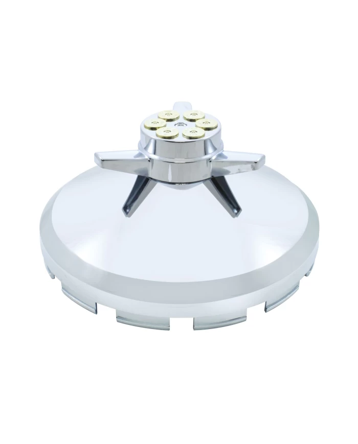 (BULK) CHROME PLASTIC FRONT AXLE COVER HUB CAP W/ GUN CYLINDER SPINNER (BULK) CHROME PLASTIC FRONT AXLE COVER HUB CAP W/ GUN CYLINDER SPINNER