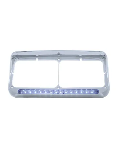 UP32574-14 LED Chrome Rectangular Dual Headlight Bezel With Visor - Blue LED/Clear Lens