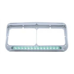 UP32575-14 LED Chrome Rectangular Dual Headlight Bezel With Visor - Green LED/Clear Lens