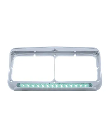 UP32575-14 LED Chrome Rectangular Dual Headlight Bezel With Visor - Green LED/Clear Lens