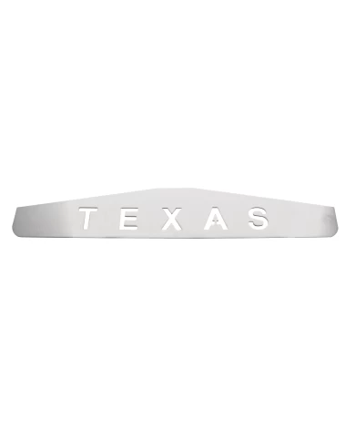 (BULK) CHROME 4"L x 24"W SCRIPTED BOTTOM MUD FLAP PLATE W/ WELDED STUD - TEXAS (BULK) CHROME 4"L x 24"W SCRIPTED BOTTOM MUD FLAP PLATE W/ WELDED STUD - TEXAS