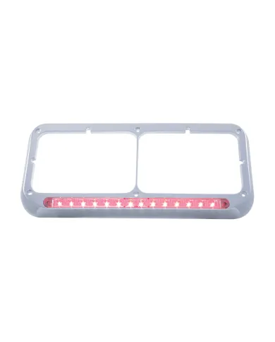 UP32579-14 LED Chrome Rectangular Dual Headlight Bezel - Red LED/Clear Lens