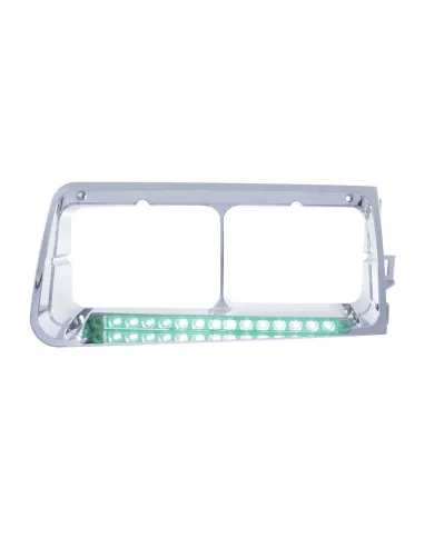 UP32585-14 LED Headlight Bezel For 1989-2009 Freightliner FLD - Passenger - Green LED/Clear Lens