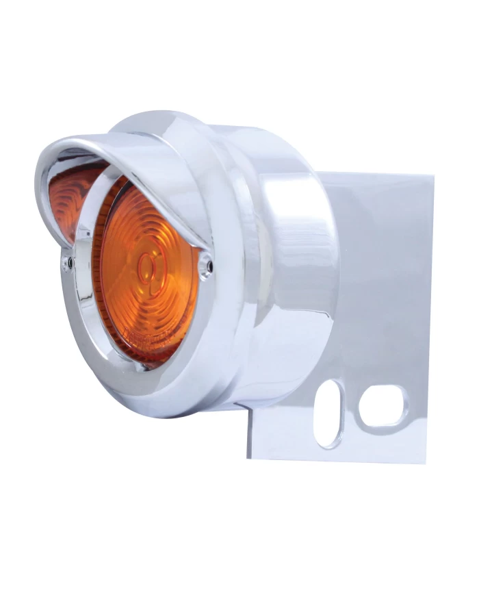 (CARD) CHROME UNIVERSAL MUD FLAP HANGER END LIGHT W/ INCANDESCENT 2" FLAT LIGHT W/ VISOR - AMBER LENS (CARD) CHROME UNIVERSAL MUD FLAP HANGER END LIGHT W/ INCANDESCENT 2" FLAT LIGHT W/ VISOR - AMBER LENS