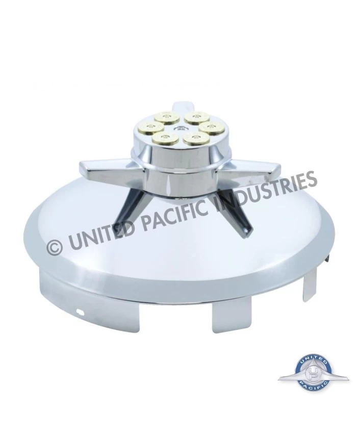 (BULK) STAINLESS STEEL 1" LIP 6 UNEVEN NOTCH FRONT CAP W/ GUN CYLINDER SPINNER (BULK) STAINLESS STEEL 1" LIP 6 UNEVEN NOTCH FRONT CAP W/ GUN CYLINDER SPINNER