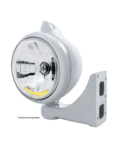 UP32615-Stainless Steel Guide 682-C Headlight H4 With 10 Amber LED & Original Style LED Signal - Clear Lens