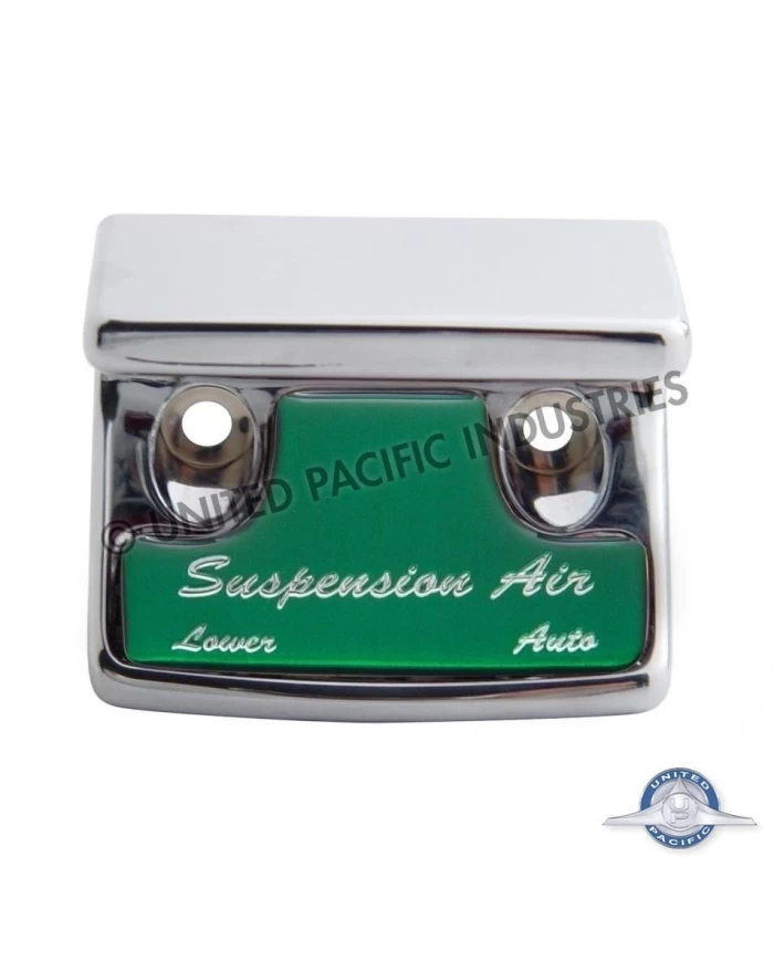 (CARD) CHROME PLASTIC FREIGHTLINER SWITCH GUARD W/ GLOSSY SUSPENSION AIR STICKER - GREEN