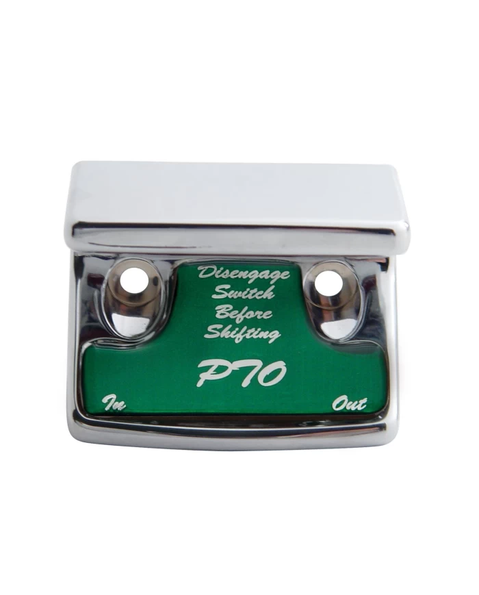 (CARD) CHROME PLASTIC FREIGHTLINER SWITCH GUARD W/ GLOSSY PTO STICKER - GREEN (CARD) CHROME PLASTIC FREIGHTLINER SWITCH GUARD W/ GLOSSY PTO STICKER - GREEN