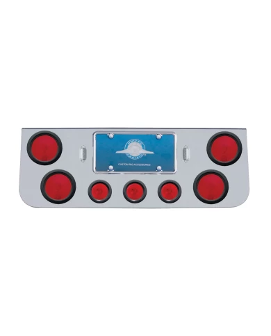 (BULK) DELUXE CR. STEEL REAR CENTER LT PANEL W/ FOUR 4" & THREE 2 1/2" INCANDESCENT FLAT LT W/ GROMMET - RED LENS (BULK) DELUXE CR. STEEL REAR CENTER LT PANEL W/ FOUR 4" & THREE 2 1/2" INCANDESCENT FLAT LT W/ GROMMET - RED LENS