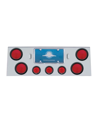 (BULK) DELUXE S.S. REAR CENTER LIGHT PANEL W/ FOUR 4" & THREE 2 1/2" INCANDESCENT FLAT LIGHT W/ GROMMET - RED LENS (BULK) DELUXE S.S. REAR CENTER LIGHT PANEL W/ FOUR 4" & THREE 2 1/2" INCANDESCENT FLAT LIGHT W/ GROMMET - RED LENS