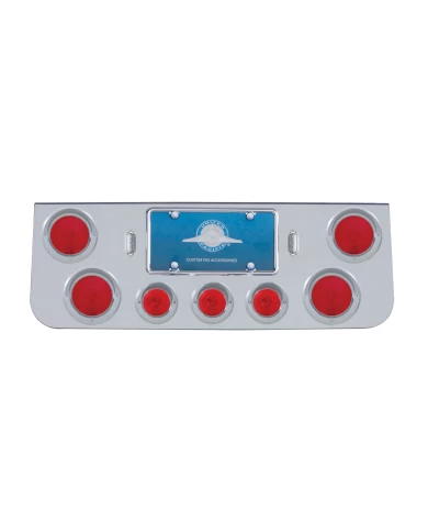 (BULK) DELUXE CR. STEEL REAR CENTER LT PANEL W/ FOUR 4" & THREE 2 1/2" INCANDESCENT FLAT LT W/ VISOR - RED LENS (BULK) DELUXE CR. STEEL REAR CENTER LT PANEL W/ FOUR 4" & THREE 2 1/2" INCANDESCENT FLAT LT W/ VISOR - RED LENS