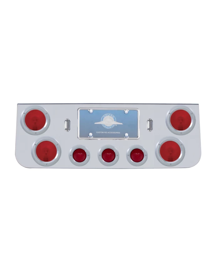 (BULK) DELUXE CR. STEEL REAR CENTER LT PANEL W/ FOUR 4" & THREE 2 1/2" INCANDESCENT BEEHIVE LT W/ BEZEL - RED LENS