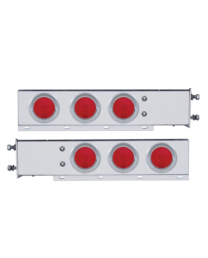 (2/BULK) S.S. SPRING LOADED REAR LT BAR W/ SIX 4" ROUND RED INCANDESCENT LT W/ VISOR - 3 3/4" BOLT PATTERN