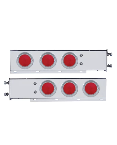 (2/BULK) 430 S.S. SPRING LOADED REAR LT BAR W/ SIX 4" ROUND RED INCANDESCENT LT W/ VISOR - 3 3/4" BOLT PATTERN (2/BULK) 430 S.S. SPRING LOADED REAR LT BAR W/ SIX 4" ROUND RED INCANDESCENT LT W/ VISOR - 3 3/4" BOLT PATTERN