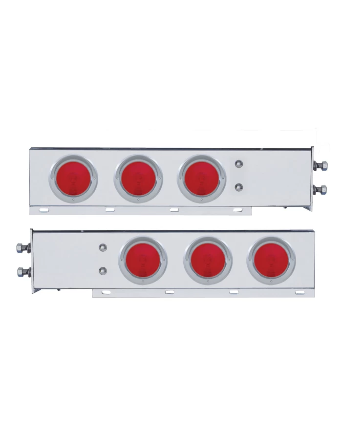 (2/BULK) 430 S.S. SPRING LOADED REAR LT BAR W/ SIX 4" ROUND RED INCANDESCENT LT W/ VISOR - 2" BOLT PATTERN