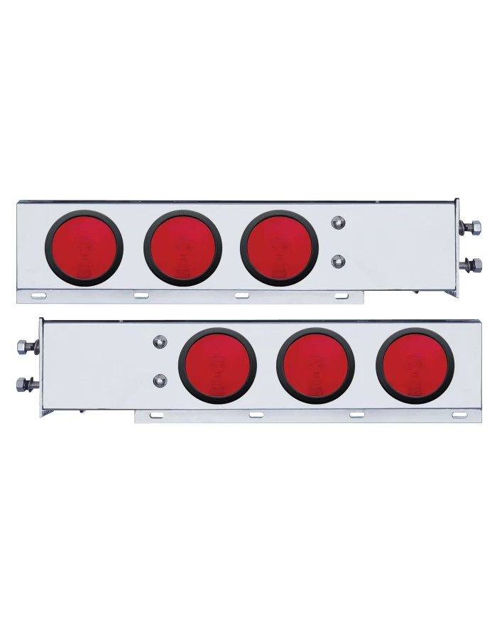 (2/BULK) 430 STAINLESS STEEL SPRING LOADED REAR LT BAR W/ SIX 4" ROUND RED INCANDESCENT LT - 2 1/2" BOLT PATTERN