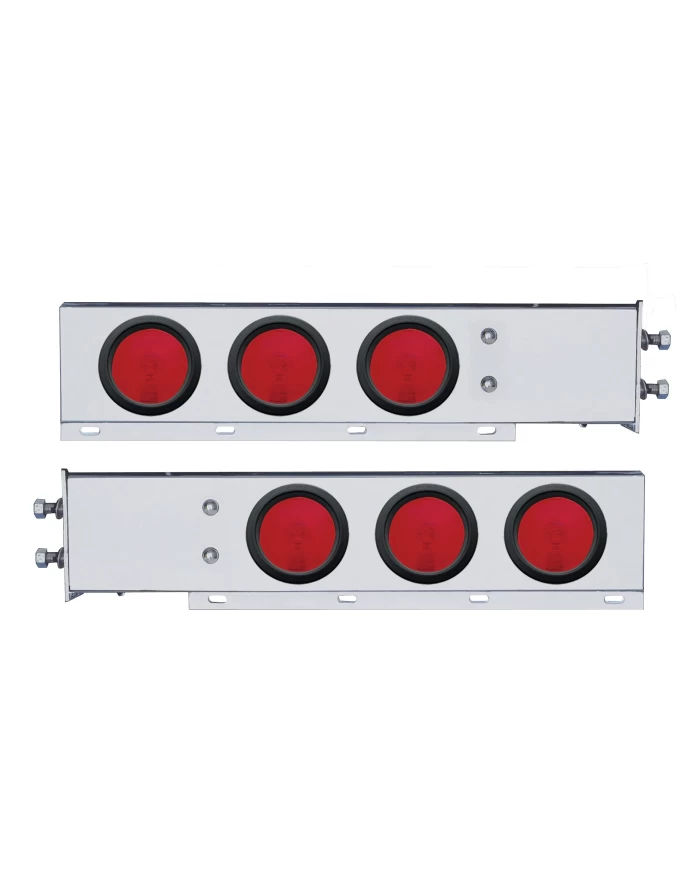 (2/BULK) 430 STAINLESS STEEL SPRING LOADED REAR LT BAR W/ SIX 4" ROUND RED INCANDESCENT LT - 2" BOLT PATTERN