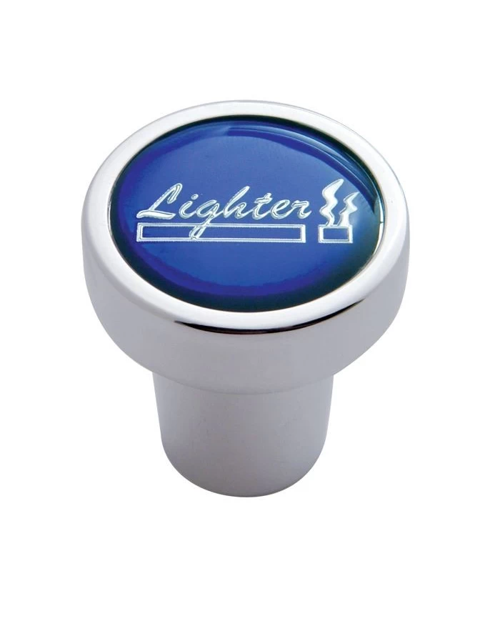 (CARD) CHROME ALUMINUM CIGARETTE LIGHTER KNOB W/ GLOSSY "LIGHTER" STICKER - BLUE