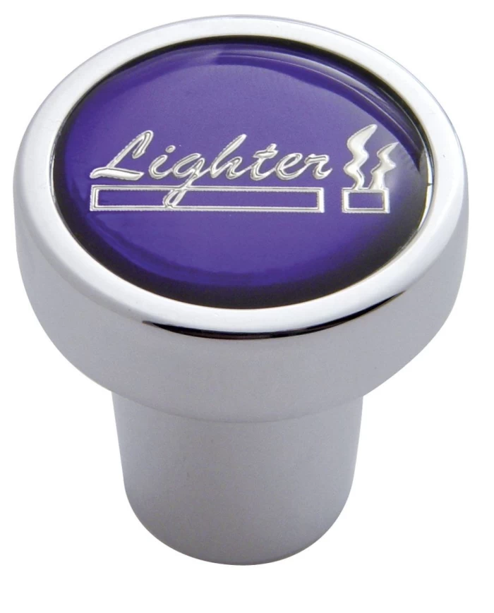 (CARD) CHROME ALUMINUM CIGARETTE LIGHTER KNOB W/ GLOSSY "LIGHTER" STICKER - PURPLE