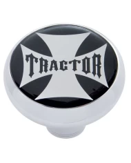 (CARD) CHROME DELUXE AIR VALVE KNOB W/ GLOSSY "TRACTOR" MALTESE CROSS STICKER - BLACK