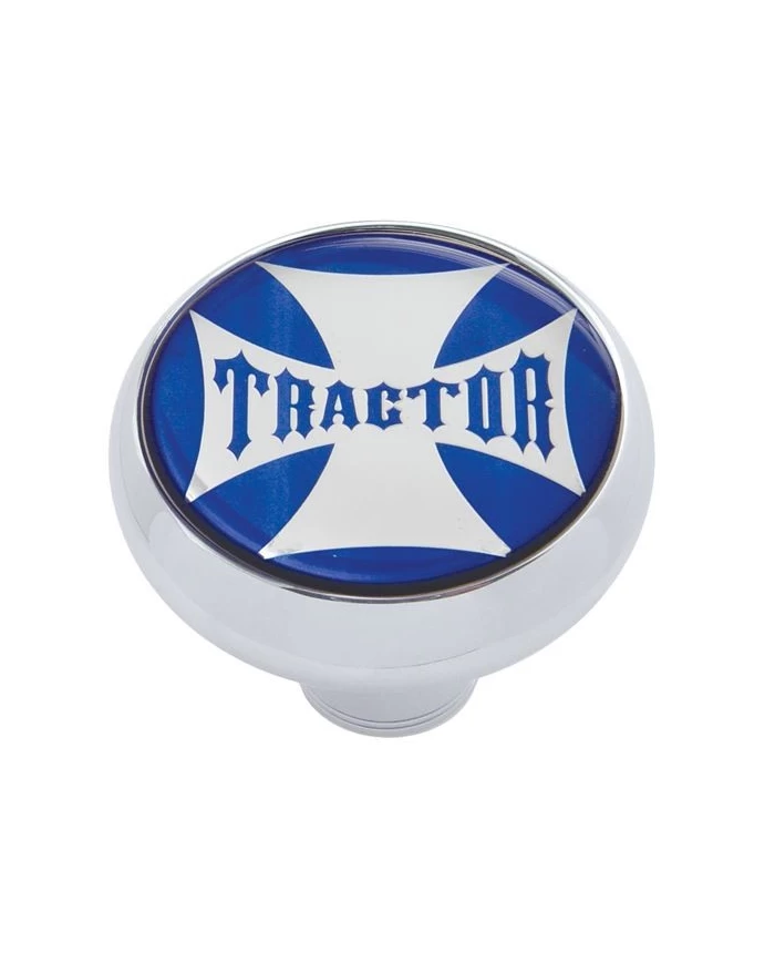 (CARD) CHROME DELUXE AIR VALVE KNOB W/ GLOSSY "TRACTOR" MALTESE CROSS STICKER - BLUE