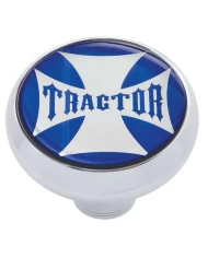(CARD) CHROME DELUXE AIR VALVE KNOB W/ GLOSSY "TRACTOR" MALTESE CROSS STICKER - BLUE
