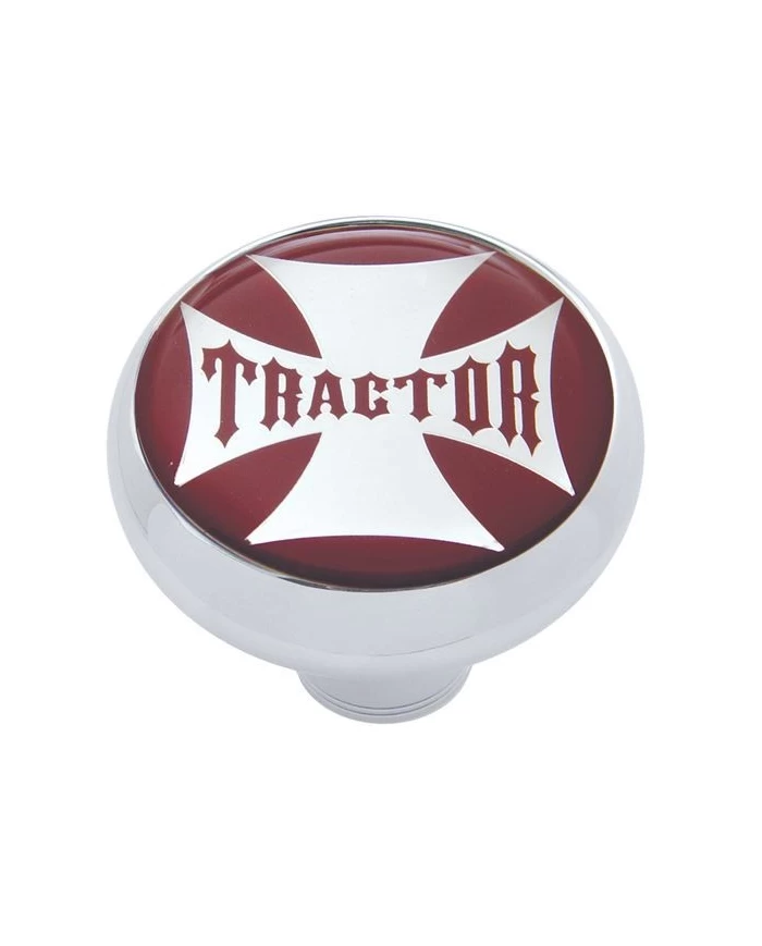 (CARD) CHROME DELUXE AIR VALVE KNOB W/ GLOSSY "TRACTOR" MALTESE CROSS STICKER - RED