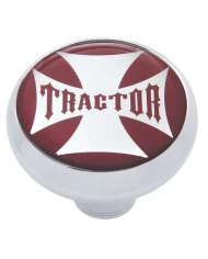 (CARD) CHROME DELUXE AIR VALVE KNOB W/ GLOSSY "TRACTOR" MALTESE CROSS STICKER - RED
