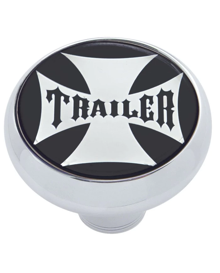 (CARD) CHROME DELUXE AIR VALVE KNOB W/ GLOSSY "TRAILER" MALTESE CROSS STICKER - BLACK