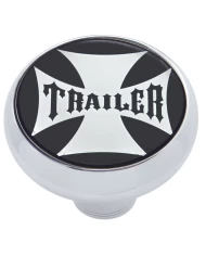 (CARD) CHROME DELUXE AIR VALVE KNOB W/ GLOSSY "TRAILER" MALTESE CROSS STICKER - BLACK (CARD) CHROME DELUXE AIR VALVE KNOB W/ GLOSSY "TRAILER" MALTESE CROSS STICKER - BLACK