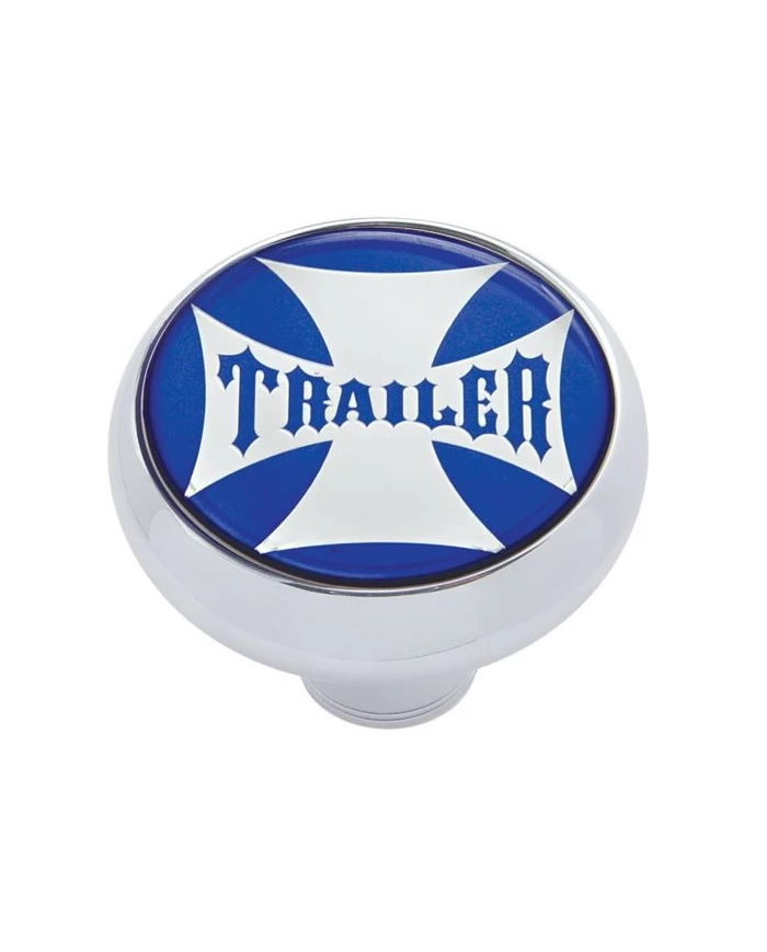 (CARD) CHROME DELUXE AIR VALVE KNOB W/ GLOSSY "TRAILER" MALTESE CROSS STICKER - BLUE (CARD) CHROME DELUXE AIR VALVE KNOB W/ GLOSSY "TRAILER" MALTESE CROSS STICKER - BLUE
