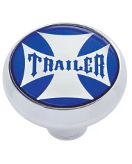 (CARD) CHROME DELUXE AIR VALVE KNOB W/ GLOSSY "TRAILER" MALTESE CROSS STICKER - BLUE