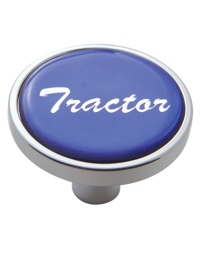 (CARD) CHROME SHORT PIN MOUNT AIR VALVE KNOB W/ GLOSSY "TRACTOR" STICKER - BLUE (CARD) CHROME SHORT PIN MOUNT AIR VALVE KNOB W/ GLOSSY "TRACTOR" STICKER - BLUE